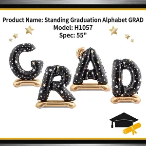 Large 55 inch standing black and gold star pattern GRAD foil balloon set for graduation