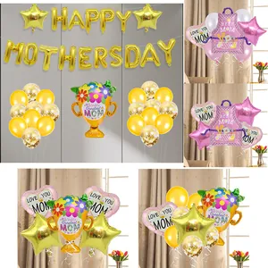 Elegant golden Mother's Day balloon set featuring trophy and heart shapes for party decor