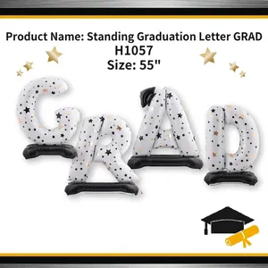 Standing graduation balloon set GRAD letters with black and gold star patterns 55 inch
