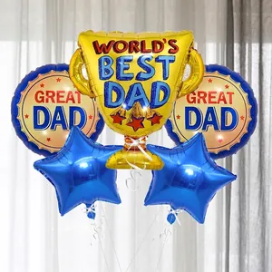 Father's Day foil balloon set with gold trophy and blue stars for dad's party decoration