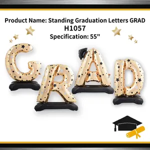 55 inch standing gold GRAD foil letter balloon set with black stars for graduation party