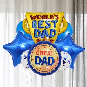 Father's Day balloon set with World's Best Dad trophy and blue star balloons for party.