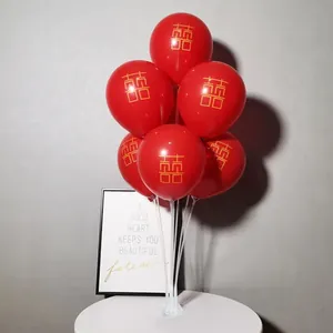 Red Double Happiness balloons with clear table stand for wedding and party decor