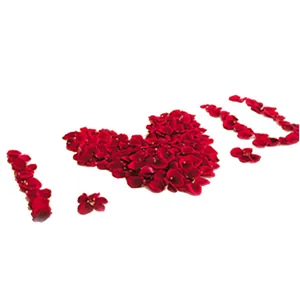 Artificial deep red rose petals arranged as I Love U for romantic wedding and party decor.