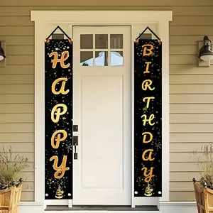 Par de pancartas de puerta verticales Happy Birthday negro y oro para decoraciones de fiesta
