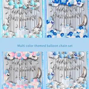 Multi-color birthday balloon arch kit with Happy Birthday foil letters and moon stars