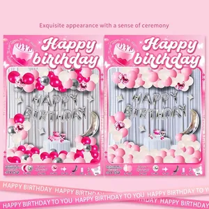 Pink and silver birthday balloon arch kit with Happy Birthday foil letters and moon balloon.