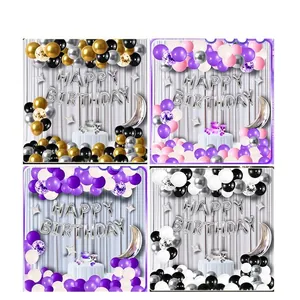 Birthday balloon arch kit with silver Happy Birthday foil letters in various colors