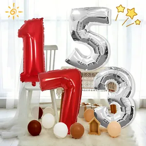 Giant 32-inch red and silver number foil balloons set for birthday party decorations