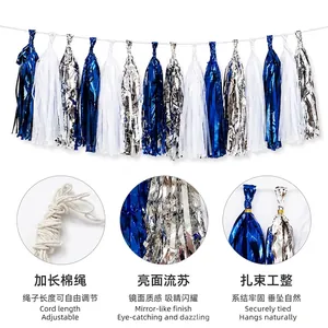 Blue and silver party tassel garland for festive decoration and balloon DIY backdrop