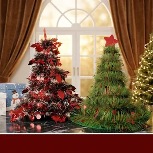 Festive Christmas tree shaped party hats with shiny red tinsel and green pine textures