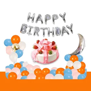 Complete silver Happy Birthday foil balloon set with colorful party decorations