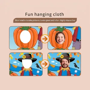 Grappige Halloween foto achtergrond hangdoek met pompoen en vogelverschrikker uitsnede