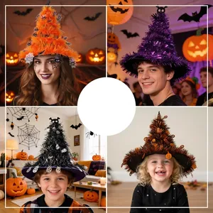 Sparkling tinsel witch hats for Halloween party decorations in multiple colors