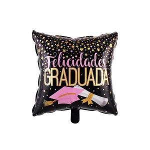 Globo de graduación cuadrado negro decorado con gorro rosa y texto Felicidades Graduada