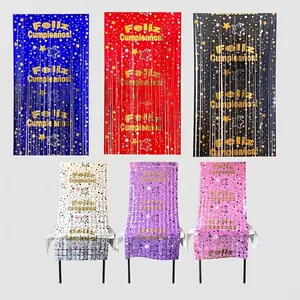 Feliz Cumpleaños Spanish Birthday Foil Fringe Curtain Metallic Tassel Backdrop Party Event Decor Square Star Pattern