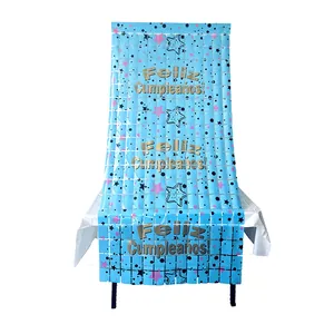 Light blue Spanish Feliz Cumpleaños square fringe curtain with star and dot patterns