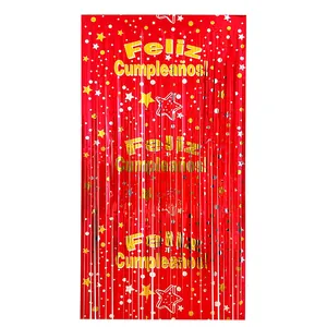 Red and gold Feliz Cumpleaños Spanish birthday party fringe curtain with star patterns