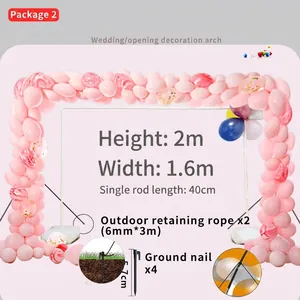 Detail view of pink balloon arch frame with water base and assembly accessories.