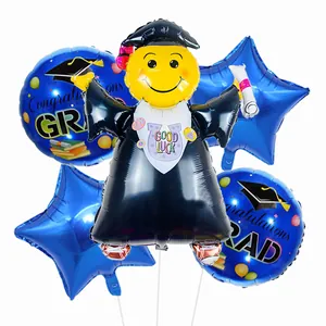Graduation party balloon set with smiley graduate character and blue stars