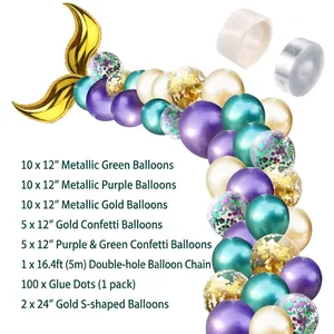 Details of mermaid tail balloon arch kit including metallic balloons and glue dots