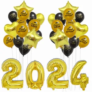 Gold and black 2024 graduation balloon set with star and heart shapes for party decoration