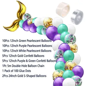 Mermaid theme balloon arch kit with purple, green, and gold confetti balloons