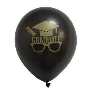 Black latex graduation balloon with gold graduate print and cap icon for party