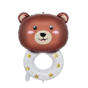 Ballon en aluminium mignon en forme de tête d'ours avec étoiles dorées pour la fête