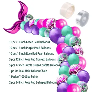 Mermaid tail balloon arch kit with purple, green and rose red confetti latex balloons