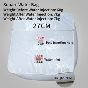 Detailed dimensions of square PVC water bag base for balloon pillars and flagpoles.