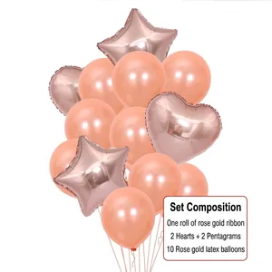 Elegant rose gold balloon set composition with heart star foils and ten latex balloons