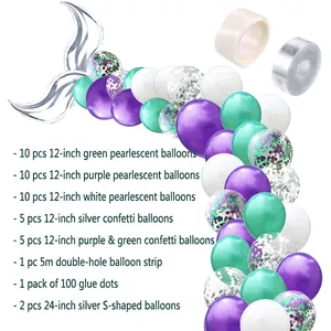 Detailed view of mermaid tail balloon arch kit with pearlescent and confetti balloons