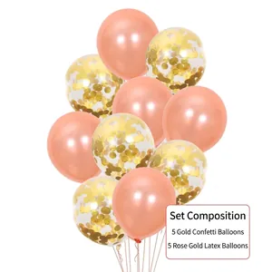 Detail view of a 10-piece set including 5 rose gold latex and 5 gold confetti balloons