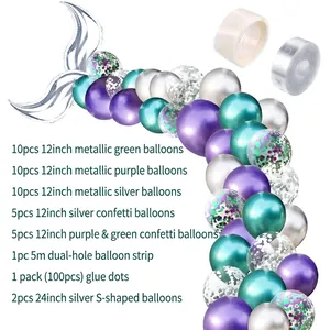Detailed component breakdown of the mermaid-themed metallic balloon garland kit