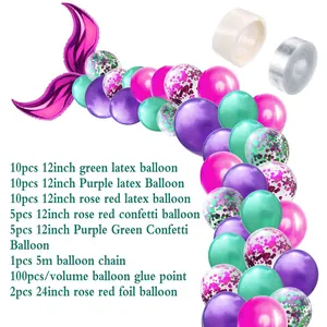 Detailed contents of mermaid balloon arch kit featuring colorful latex and foil balloons
