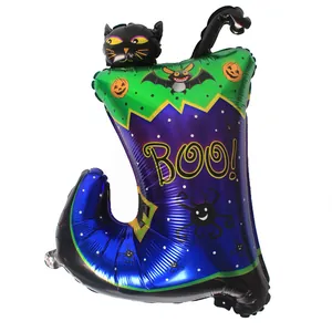 Festive Halloween witch boot shaped foil balloon with black cat and BOO decoration