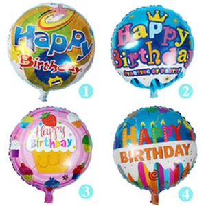 Four assorted 18-inch round foil balloons with Happy Birthday cupcake and candle designs