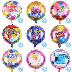Various 18-inch round aluminum foil balloons with colorful birthday party designs.