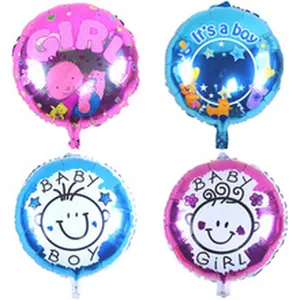 Detailed view of four round baby shower foil balloons in vibrant pink and blue colors