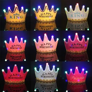 Set of colorful LED light-up crown party hats with birthday greetings in a grid layout.