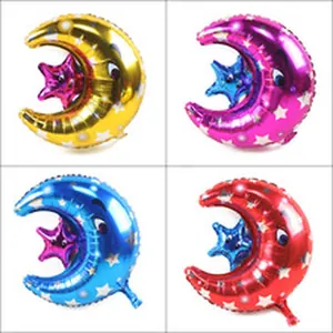 Display of four color options for 18-inch crescent moon and star foil balloons for parties