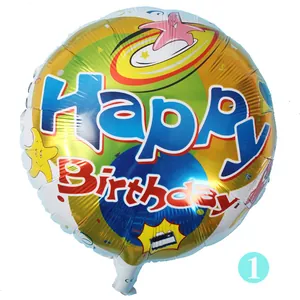 Close-up of a round 18-inch colorful foil balloon with Happy Birthday print and starfish design