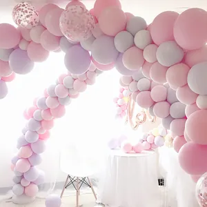 Macaron pastel balloon arch kit with pink and lavender balloons for wedding party