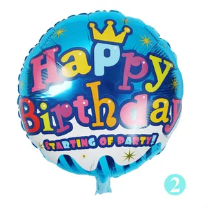 Round 18 inch blue foil balloon with colorful Happy Birthday text and crown icon