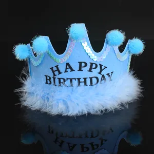 Children Birthday Party Crown Hat King Princess Felt Pompom Feather Sequin Decor Birthday Celebration Headwear For Baby