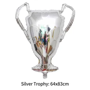 Detail of a large silver trophy shaped foil balloon for birthday parties.