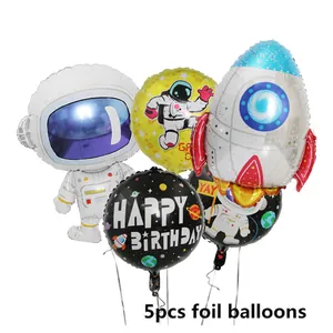 Detailed view of the 5pcs space-themed foil balloon set including astronaut and rocket.