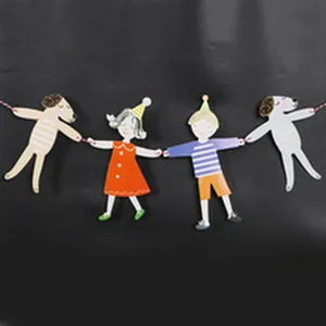 Close-up of cute cartoon boy girl and dog banner for baby birthday party decoration