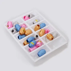 Assorted colors of 5mm x 10m football-shaped balloon ribbons in a white plastic tray